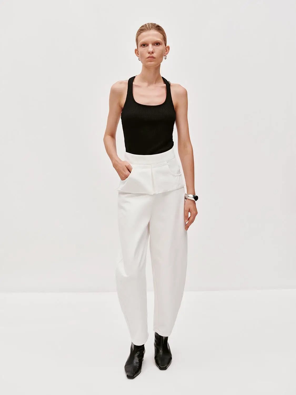 Layered Overlay Draped Waist Wide Leg Cotton Trousers
