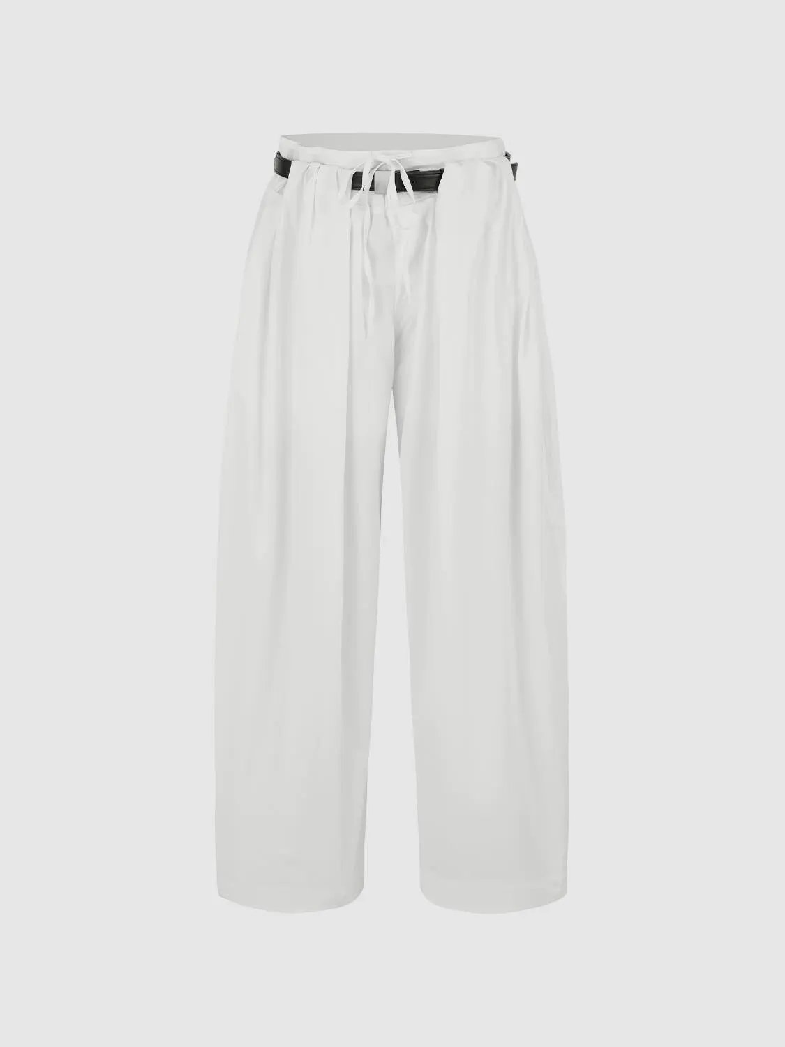 Elastic Waist Belted Pleated Baggy Wide Leg Cotton Pants