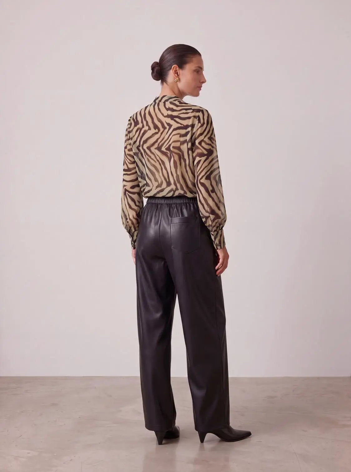 Elastic Waist Pocket Detail Coated Fabric Wide Leg Pants