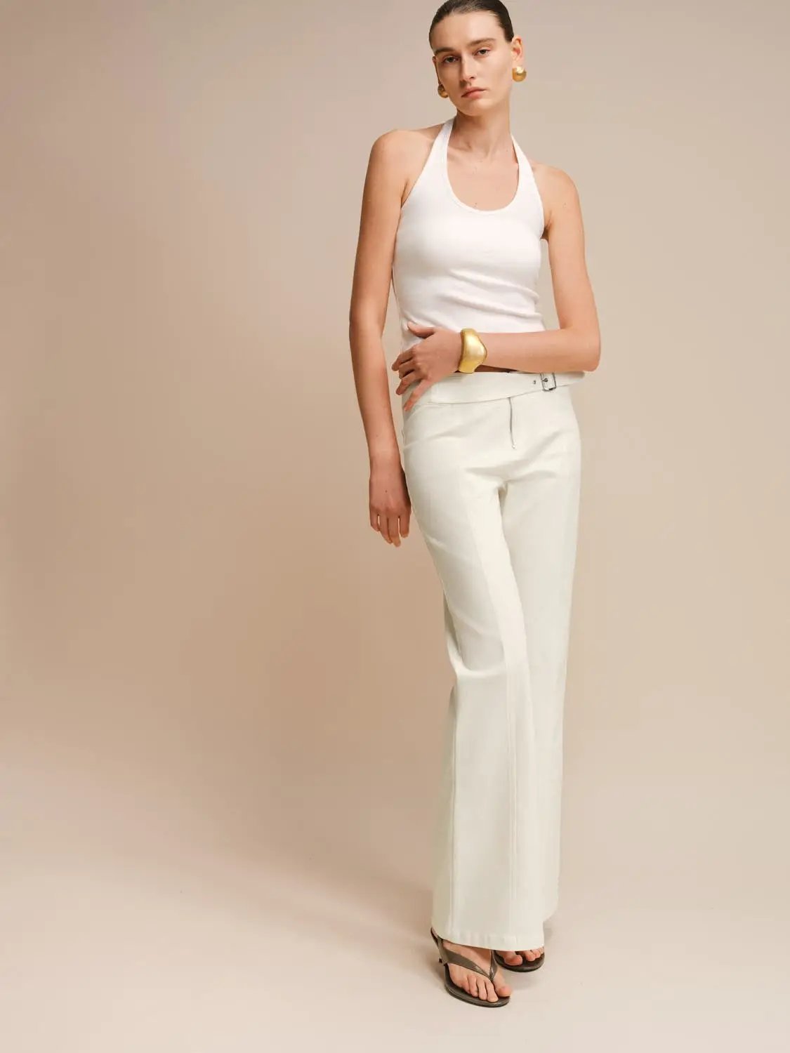 Buckle Waist Seam Detail Cotton Blend Flared Long Pants