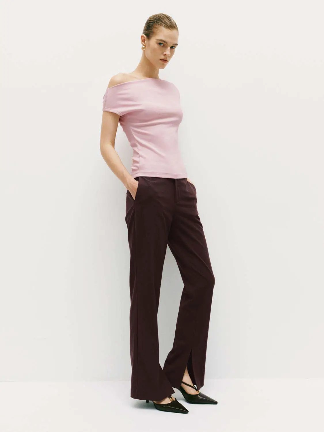 High Waist Front Slit Stretch Straight Pants