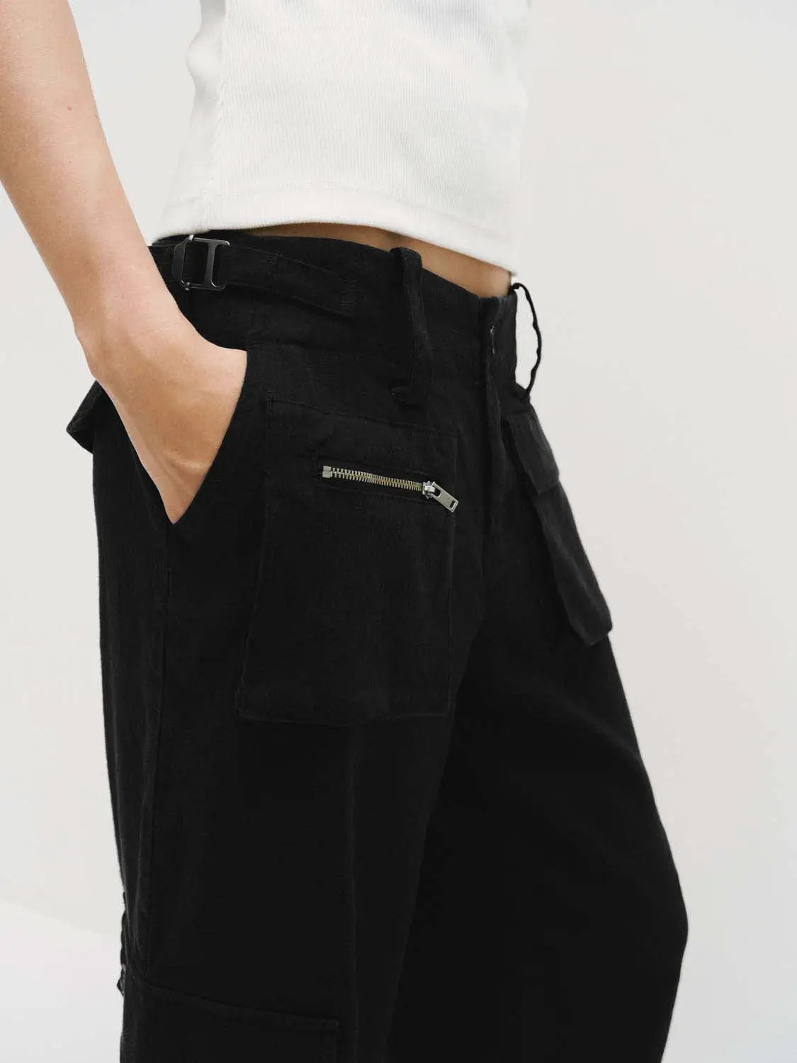 Linen Zippered Pockets Belt Loops Cargo Pants