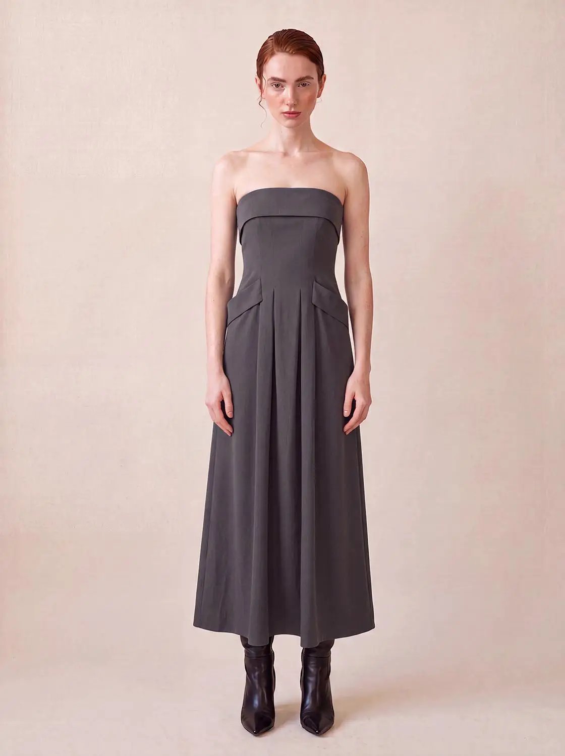Strapless Bandeau Pleated Stretch A-Line Maxi Dress