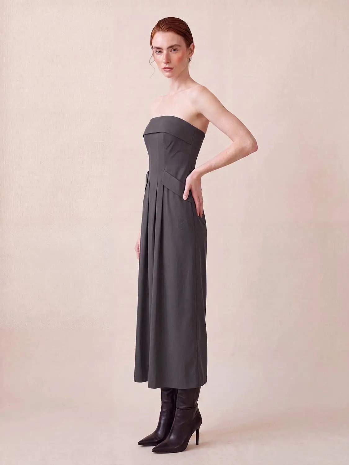 Strapless Bandeau Pleated Stretch A-Line Maxi Dress