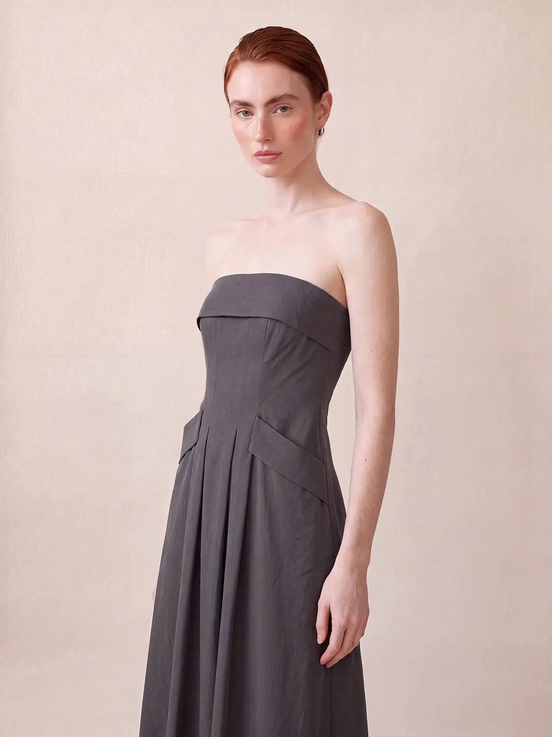 Strapless Bandeau Pleated Stretch A-Line Maxi Dress