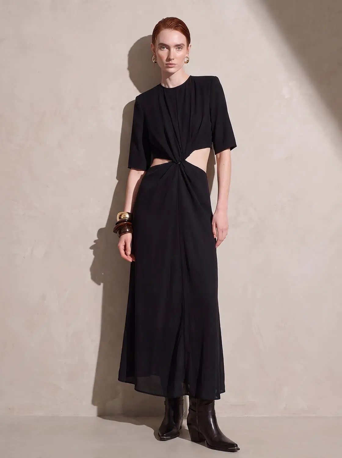 Round Neck Padded Shoulder Cutout Knotted Waist Midi Dress