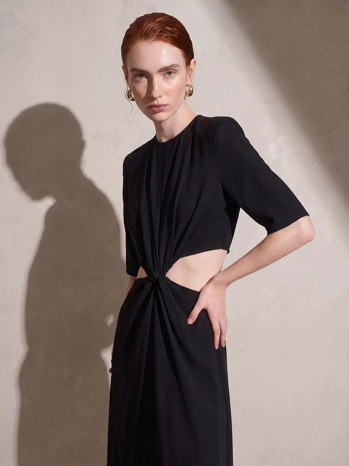 Round Neck Padded Shoulder Cutout Knotted Waist Midi Dress