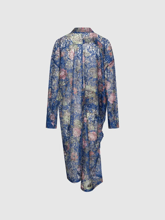 Point Collar Button Up Floral Lace Sheer Midi Shirt Dress