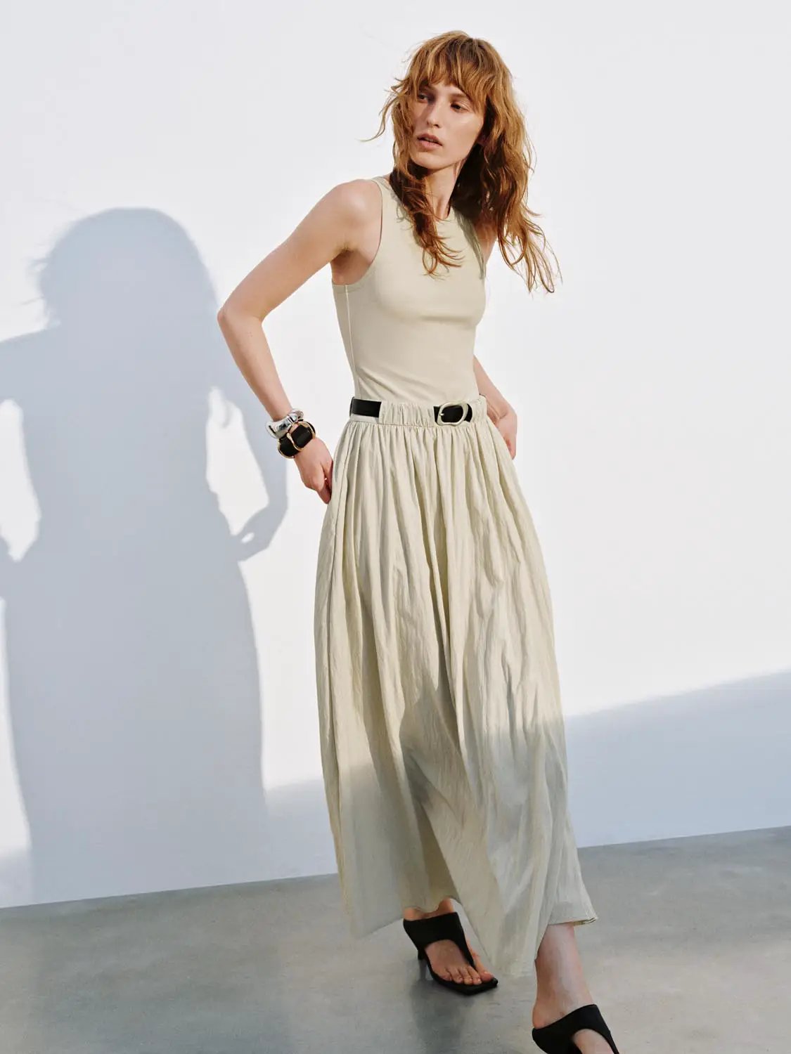 Crew Neck Sleeveless Belted A-Line Cotton Midi Dress