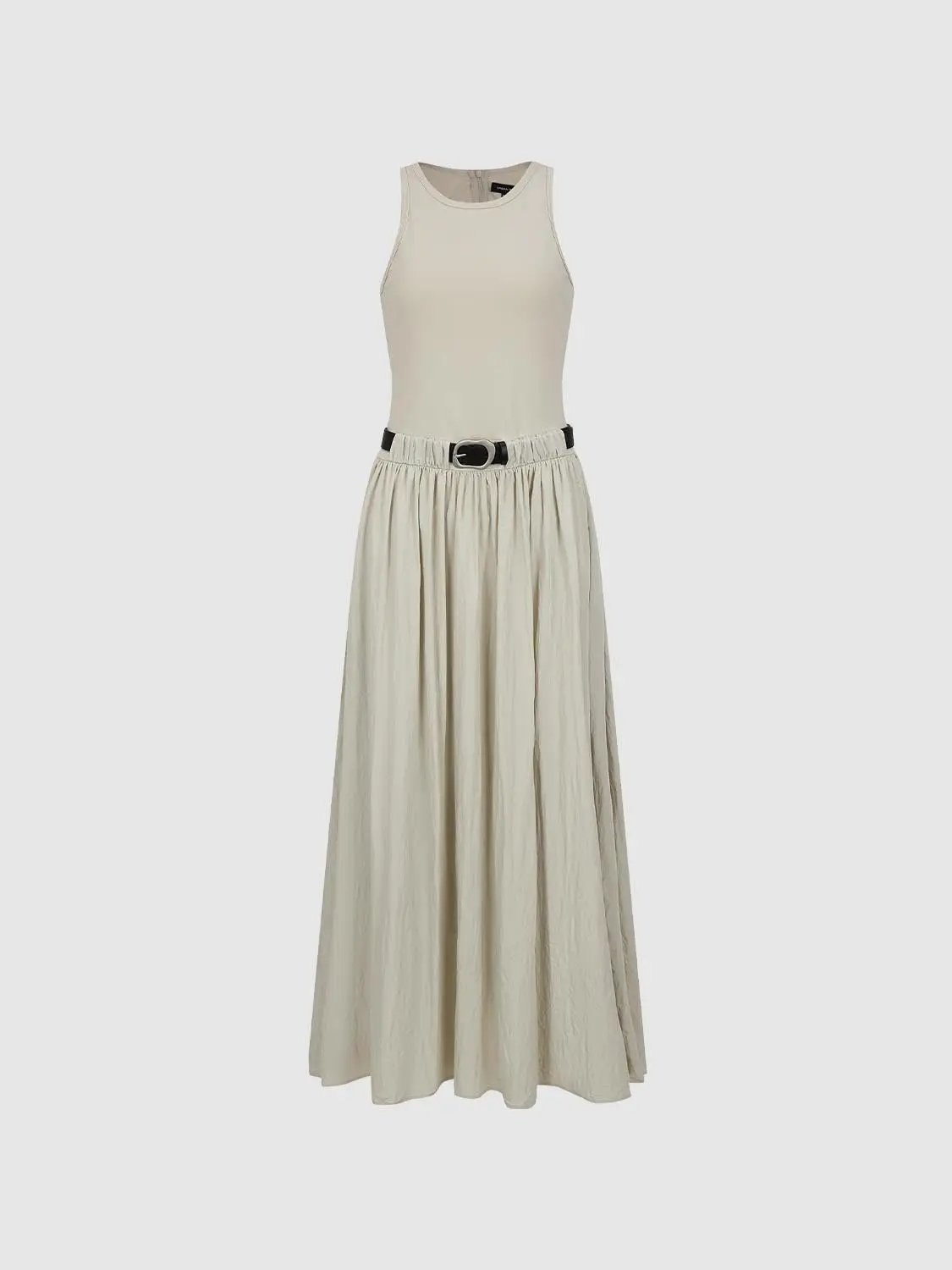 Crew Neck Sleeveless Belted A-Line Cotton Midi Dress