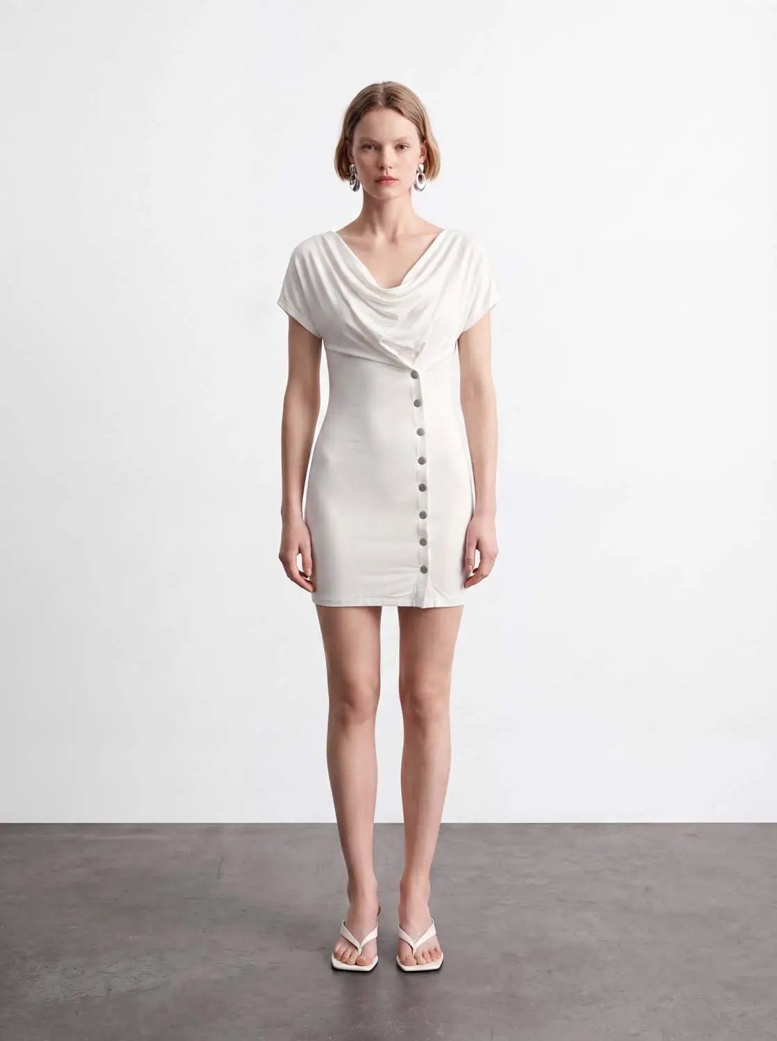 Draped Cowl Neck Button Front Mini Dress