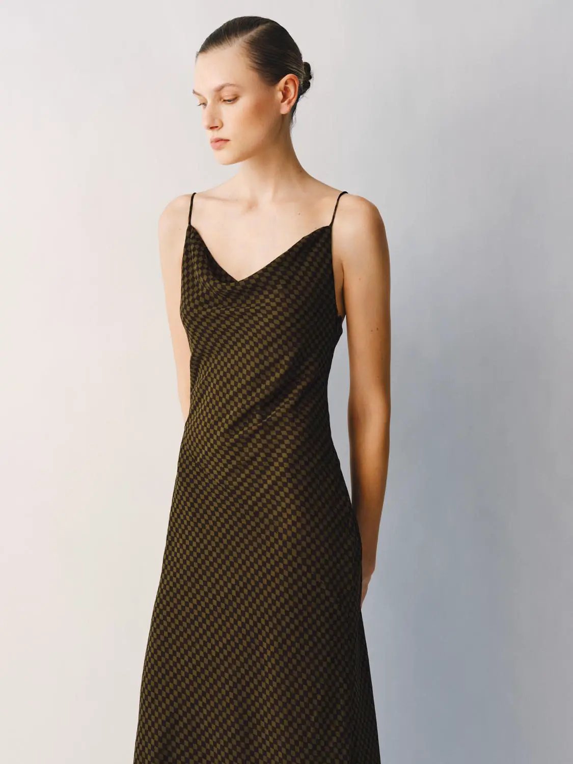 S-line Checked Sheer Spaghetti-Strap Slip Dress