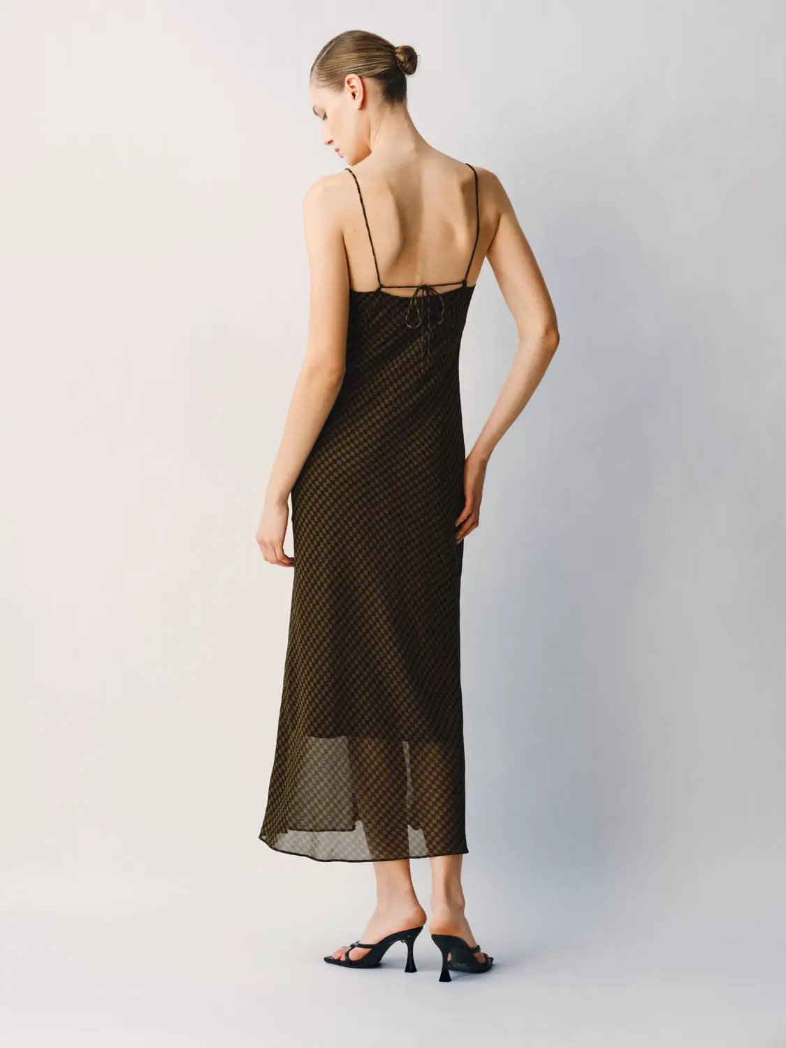 S-line Checked Sheer Spaghetti-Strap Slip Dress
