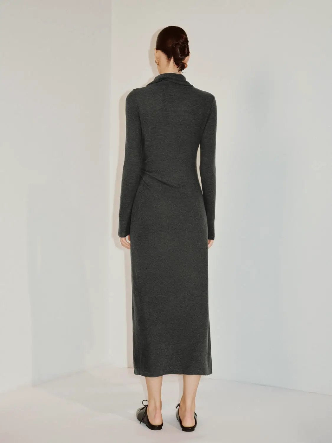 Shirt Collar Side Slit Fitted Long Sleeve Midi Knit Dress