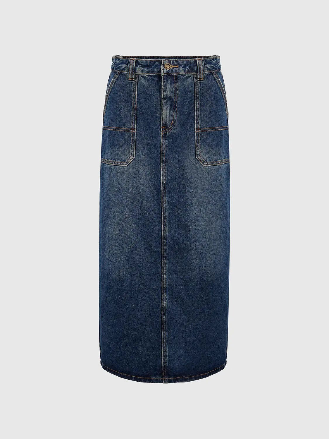 Patch Pocket Front Seam Straight Midi Denim Skirt