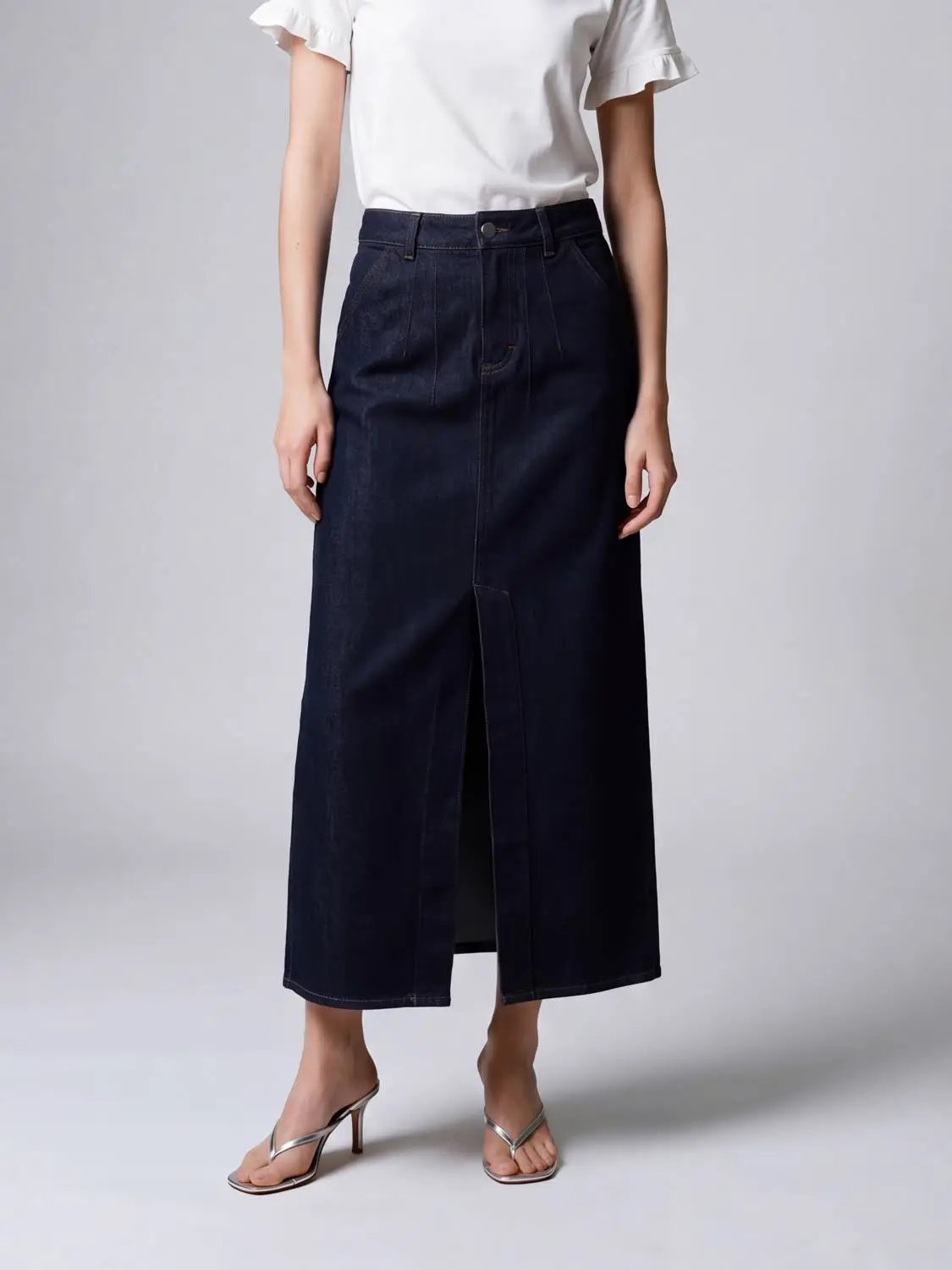 High Waist Pleated Split Hem Denim Cotton Midi Skirt