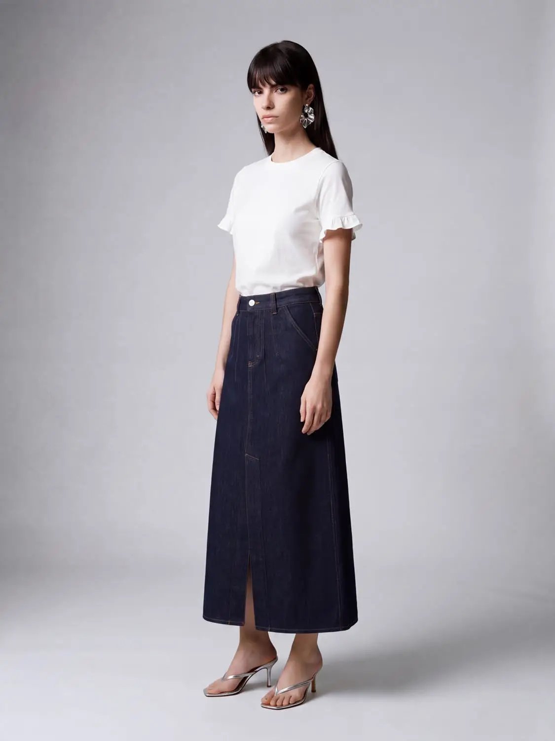 High Waist Pleated Split Hem Denim Cotton Midi Skirt