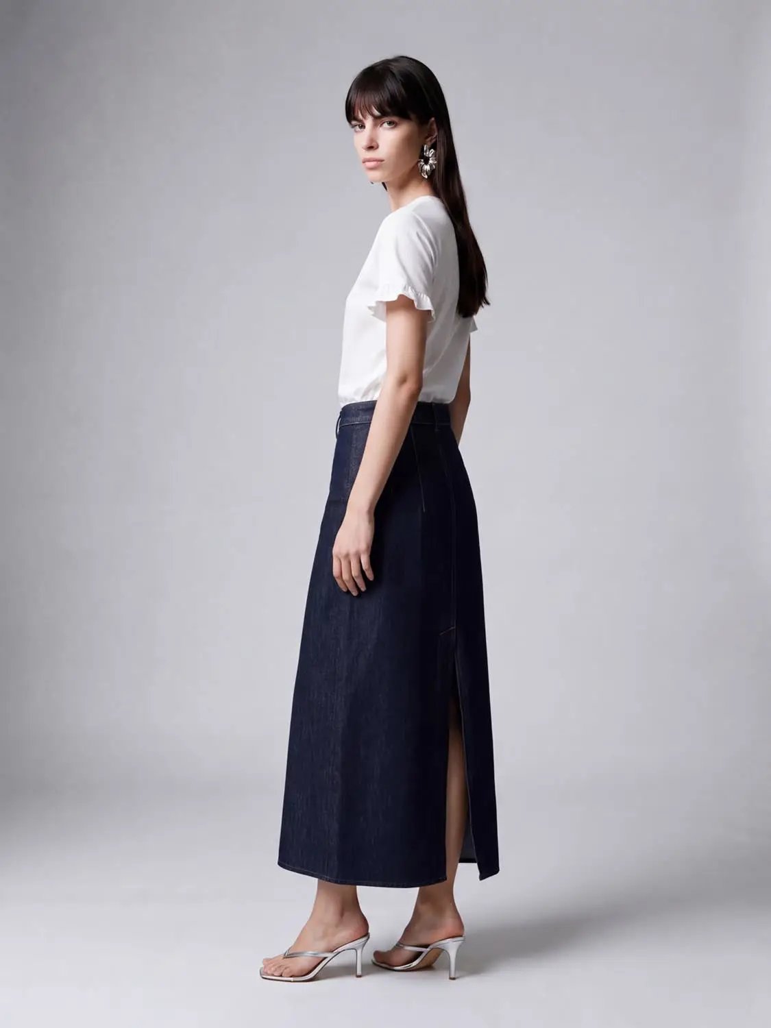 High Waist Pleated Split Hem Denim Cotton Midi Skirt
