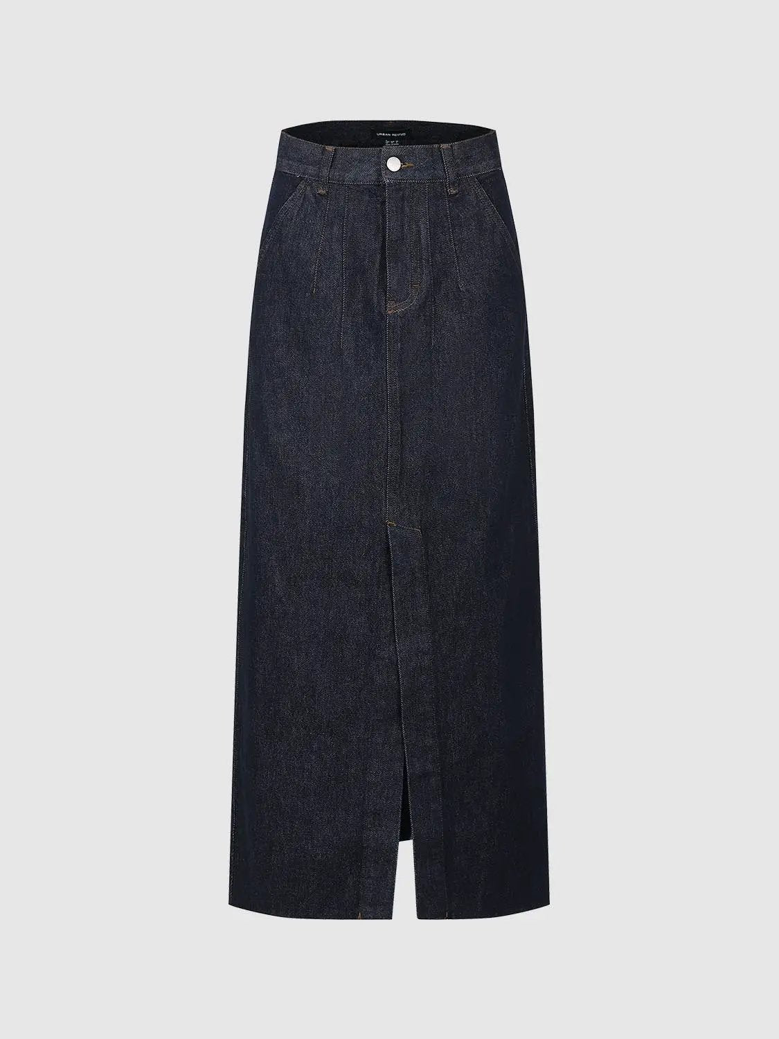 High Waist Pleated Split Hem Denim Cotton Midi Skirt