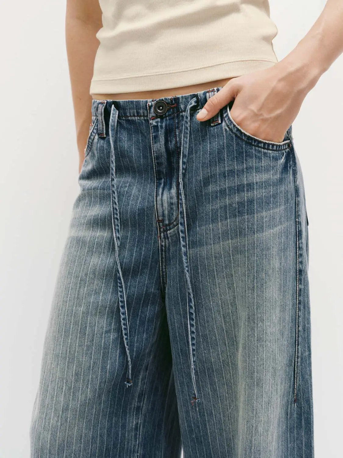 Pinstriped Wide-leg Denim Drawstring Pants