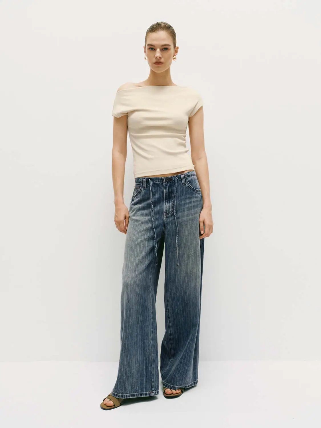 Pinstriped Wide-leg Denim Drawstring Pants