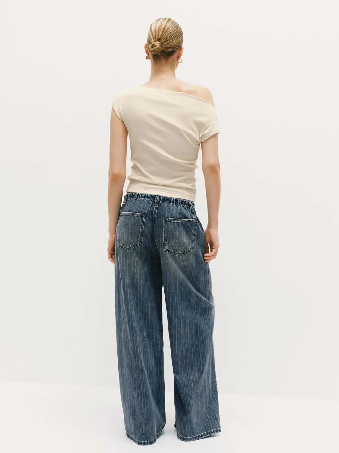 Pinstriped Wide-leg Denim Drawstring Pants
