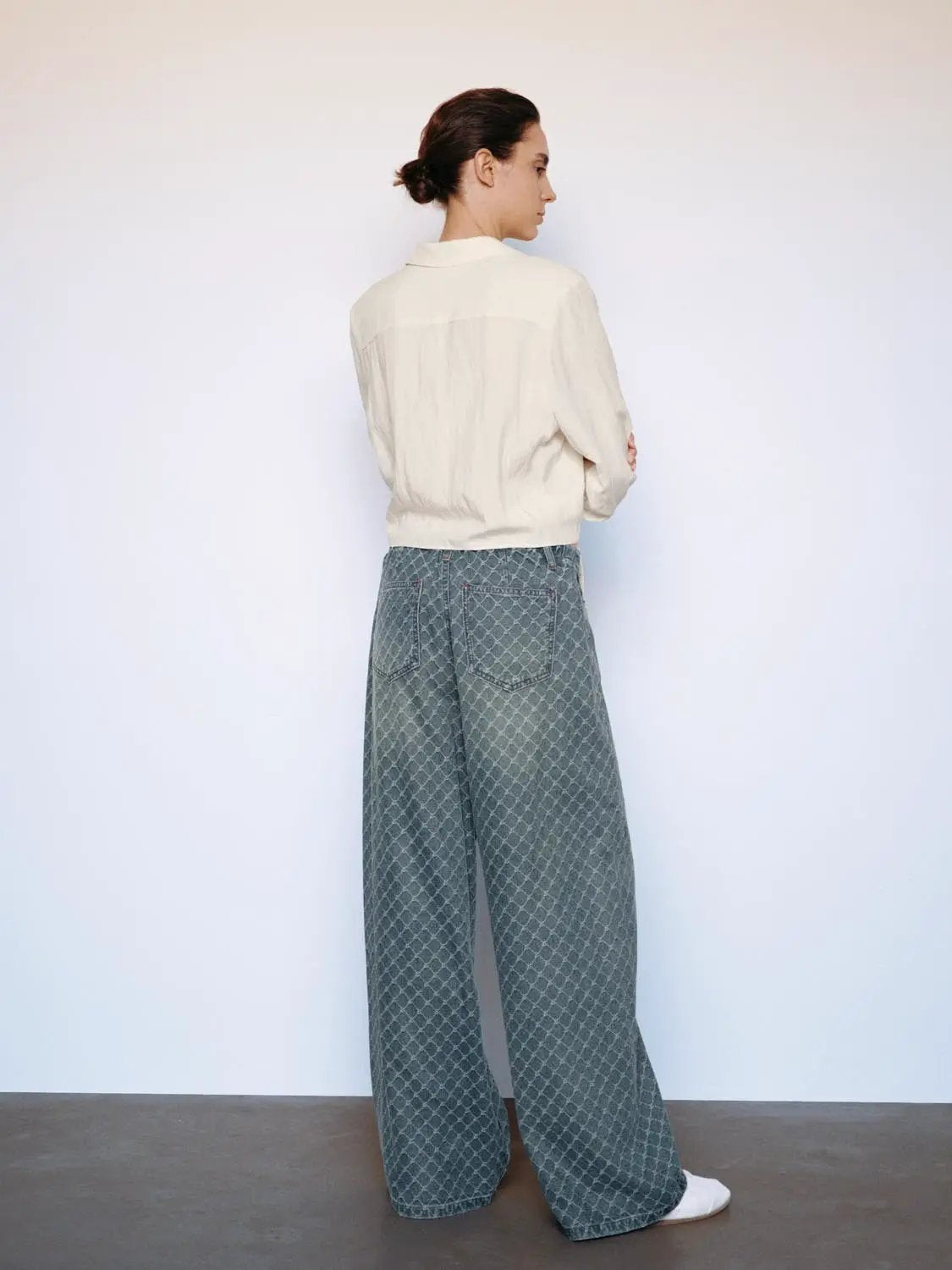 Drawstring Diamond Print Mid-rise Wide-leg Jeans