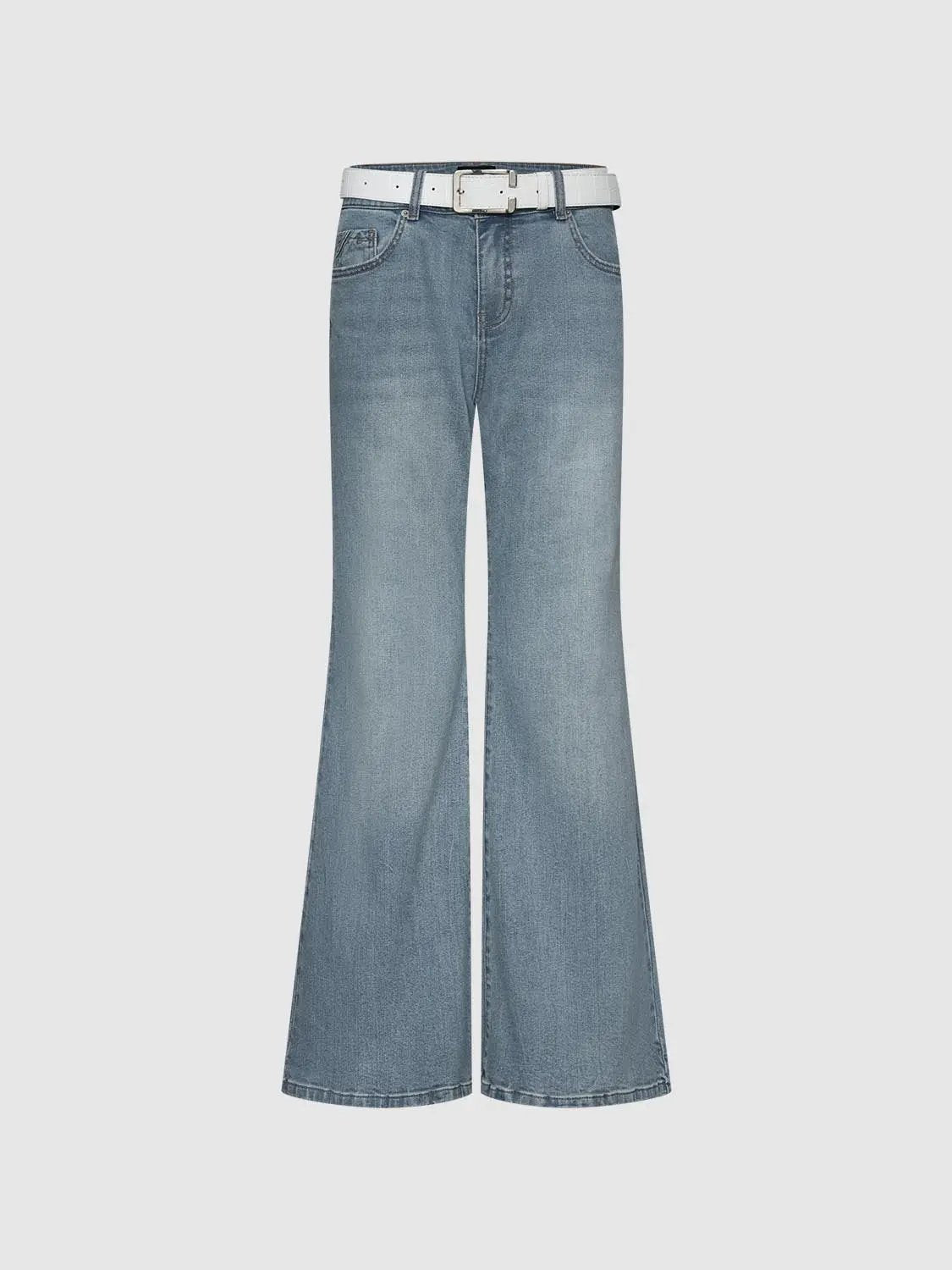 Mid-rise Belted Washed Blue Cotton Flared Jeans