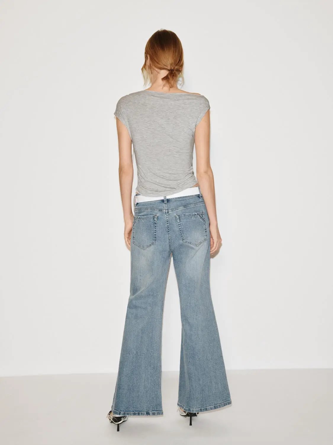 Mid-rise Belted Washed Blue Cotton Flared Jeans
