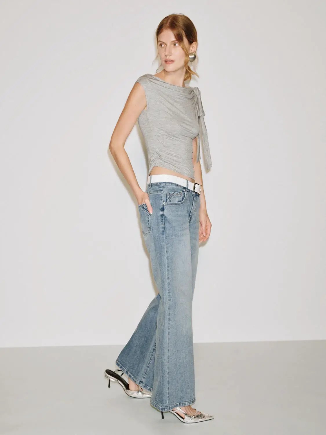 Mid-rise Belted Washed Blue Cotton Flared Jeans