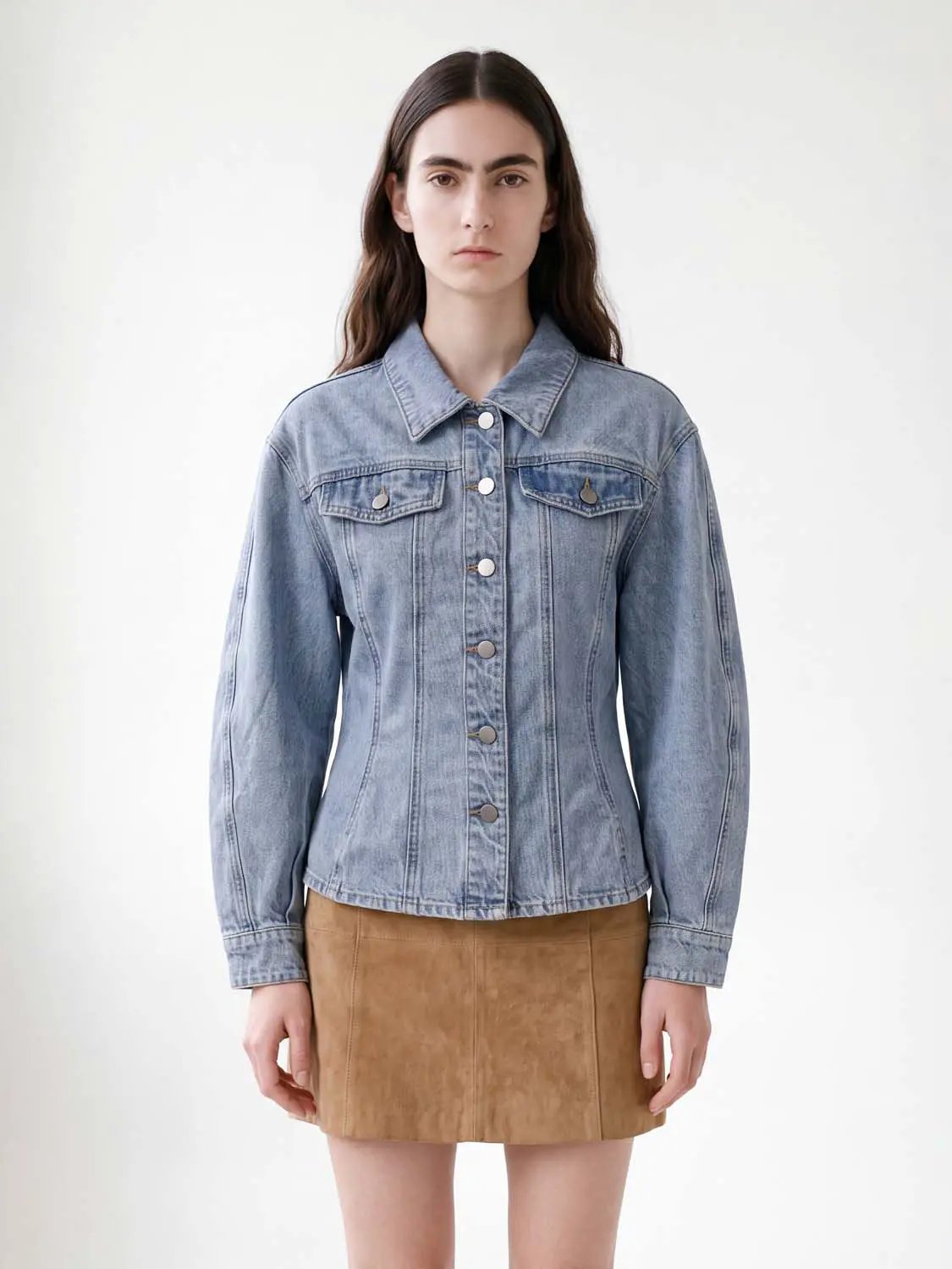 Light Wash Button Front Long Sleeve Cotton Blend Jacket