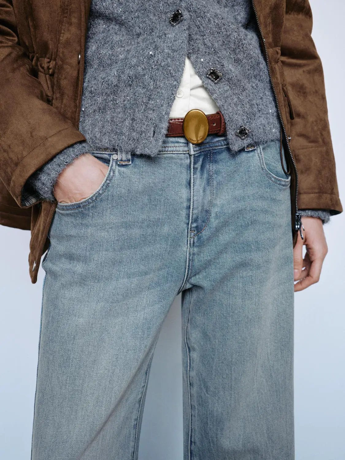 Belted Mid-rise Cotton Medium Stretch Jeans