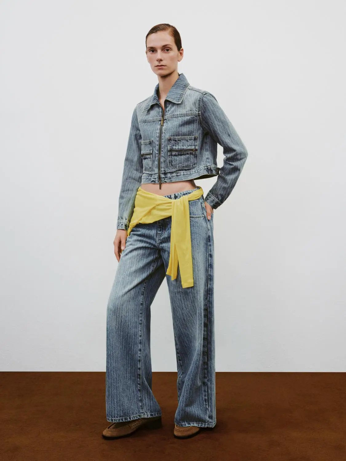 Washed Cropped Cotton Zipper Front Long Sleeve Jacket