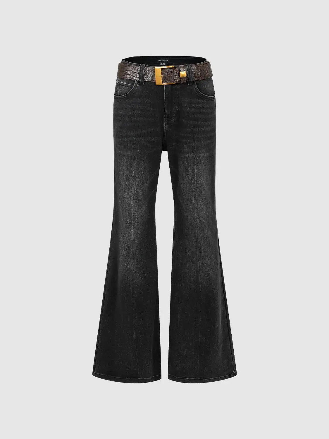 Wash High-waisted Belted Flare Cotton Blend Jeans
