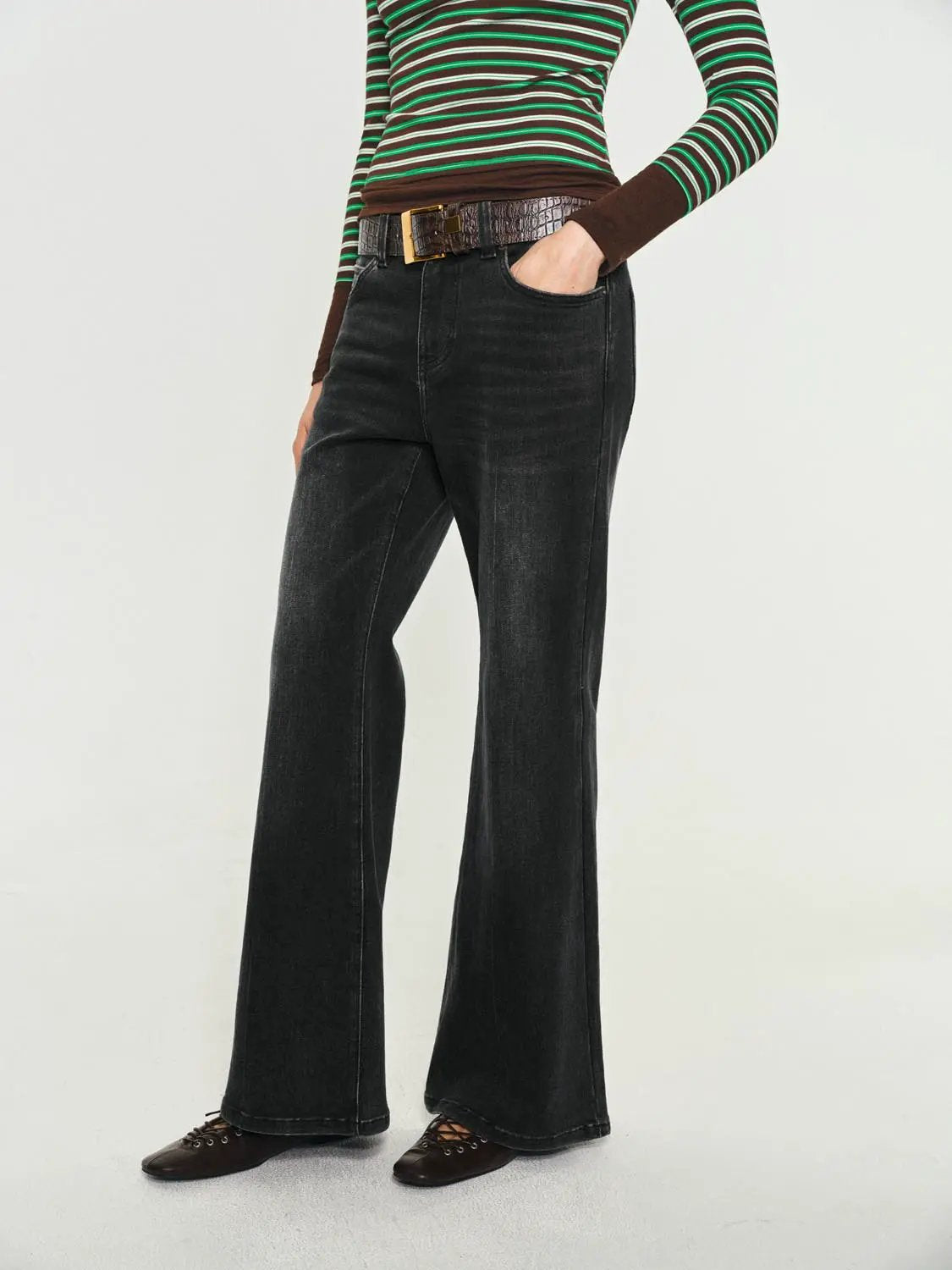 Wash High-waisted Belted Flare Cotton Blend Jeans