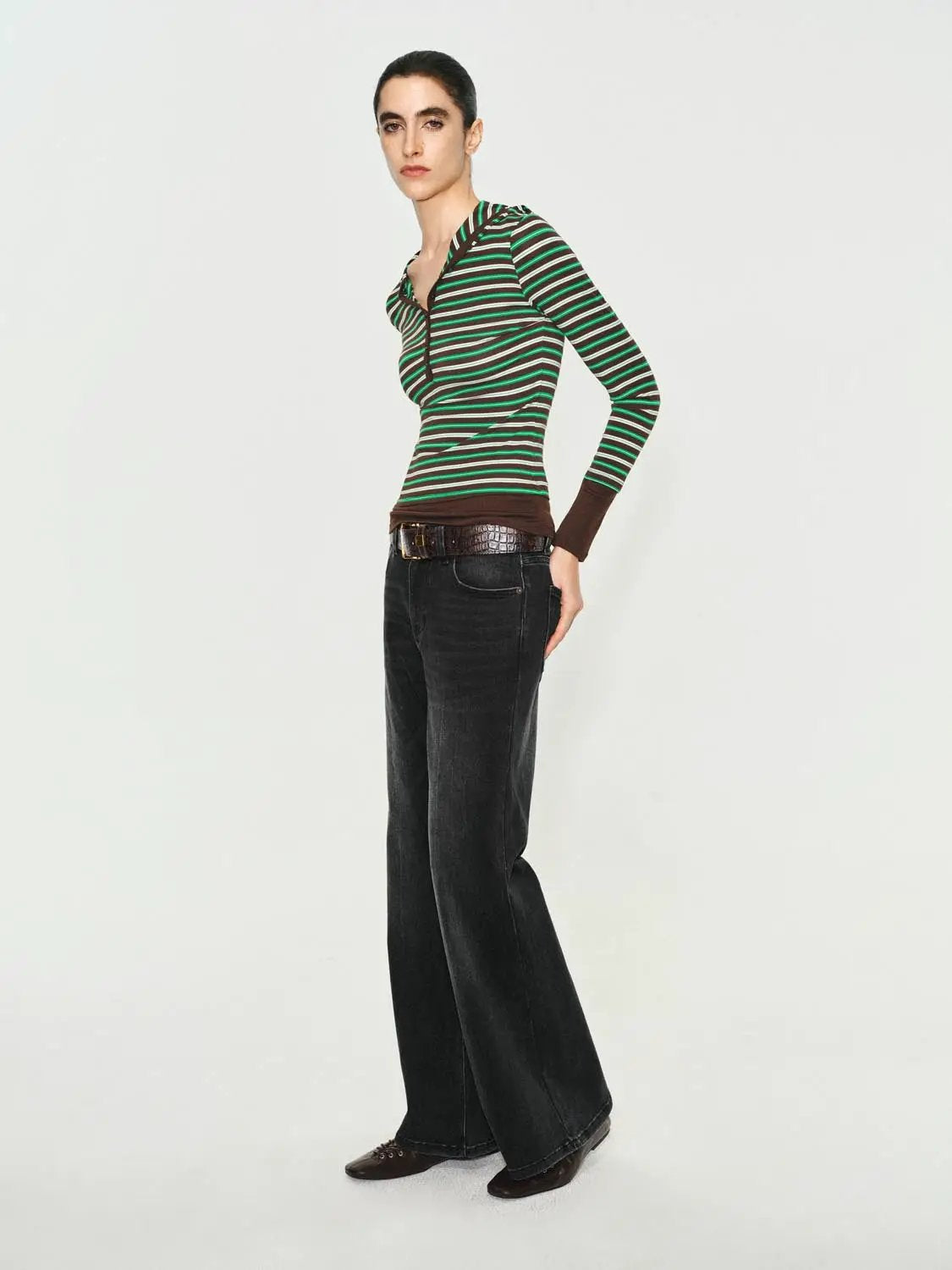 Wash High-waisted Belted Flare Cotton Blend Jeans