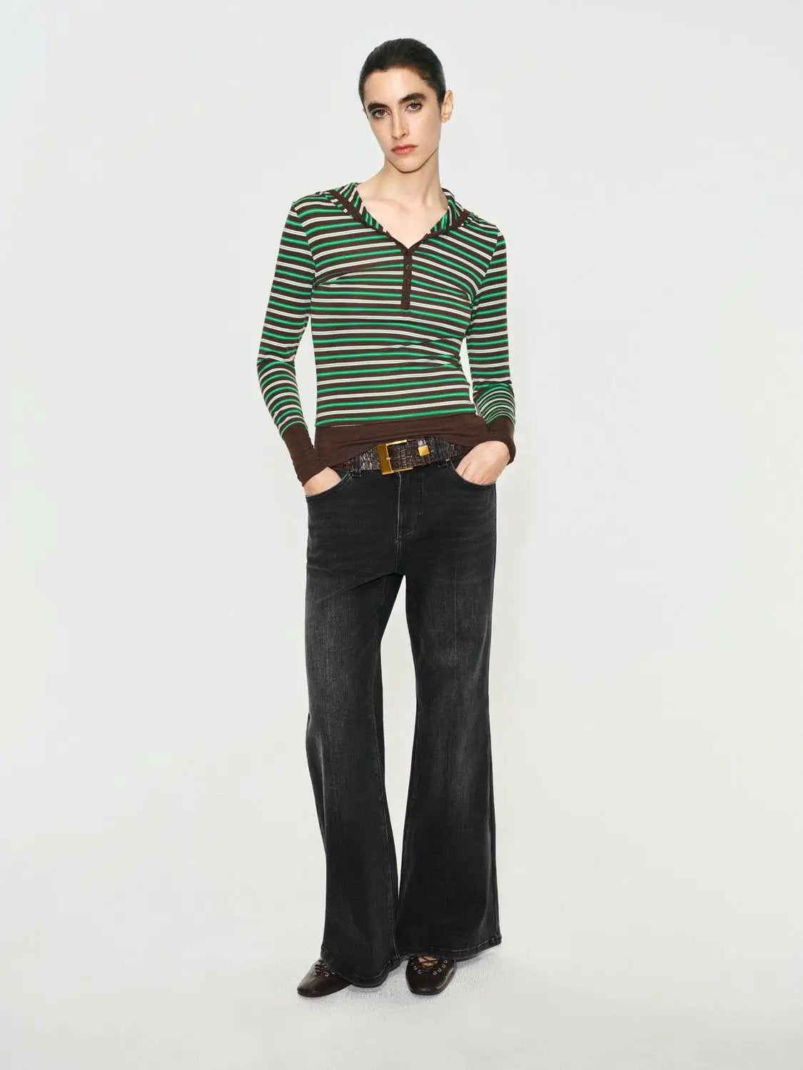 Wash High-waisted Belted Flare Cotton Blend Jeans