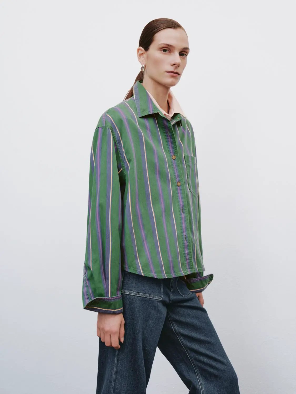 Relaxed Striped Long Sleeve Cotton Blend Shirt