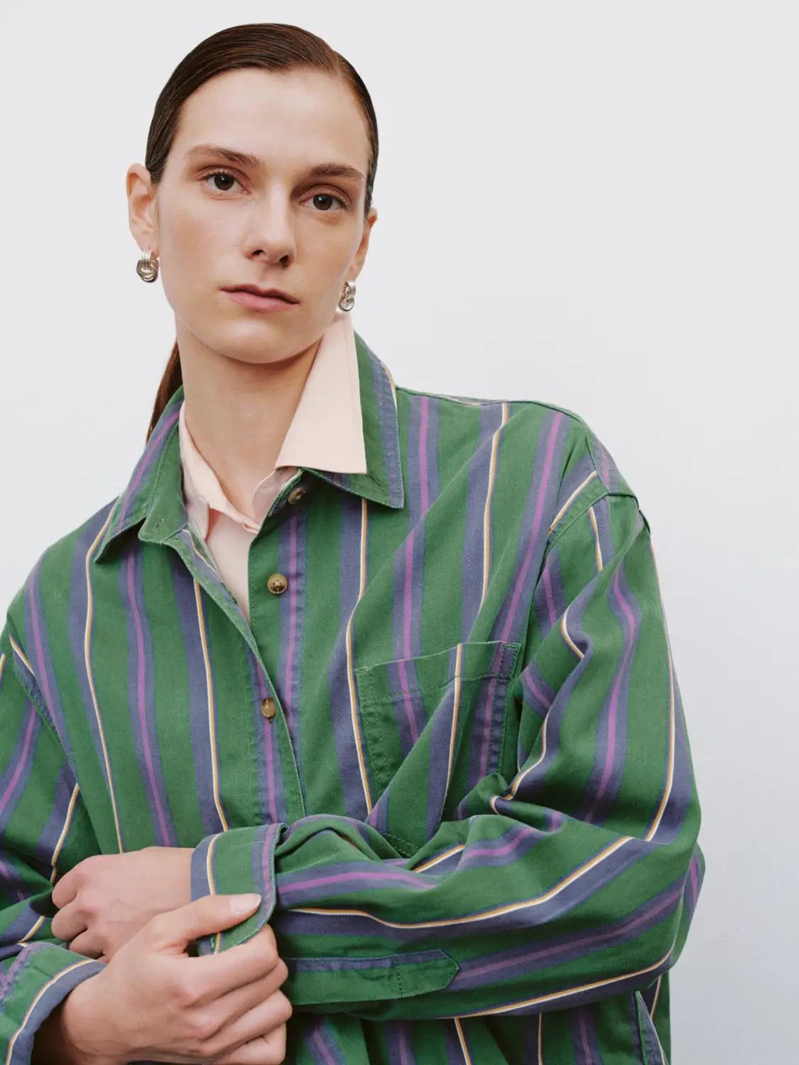 Relaxed Striped Long Sleeve Cotton Blend Shirt