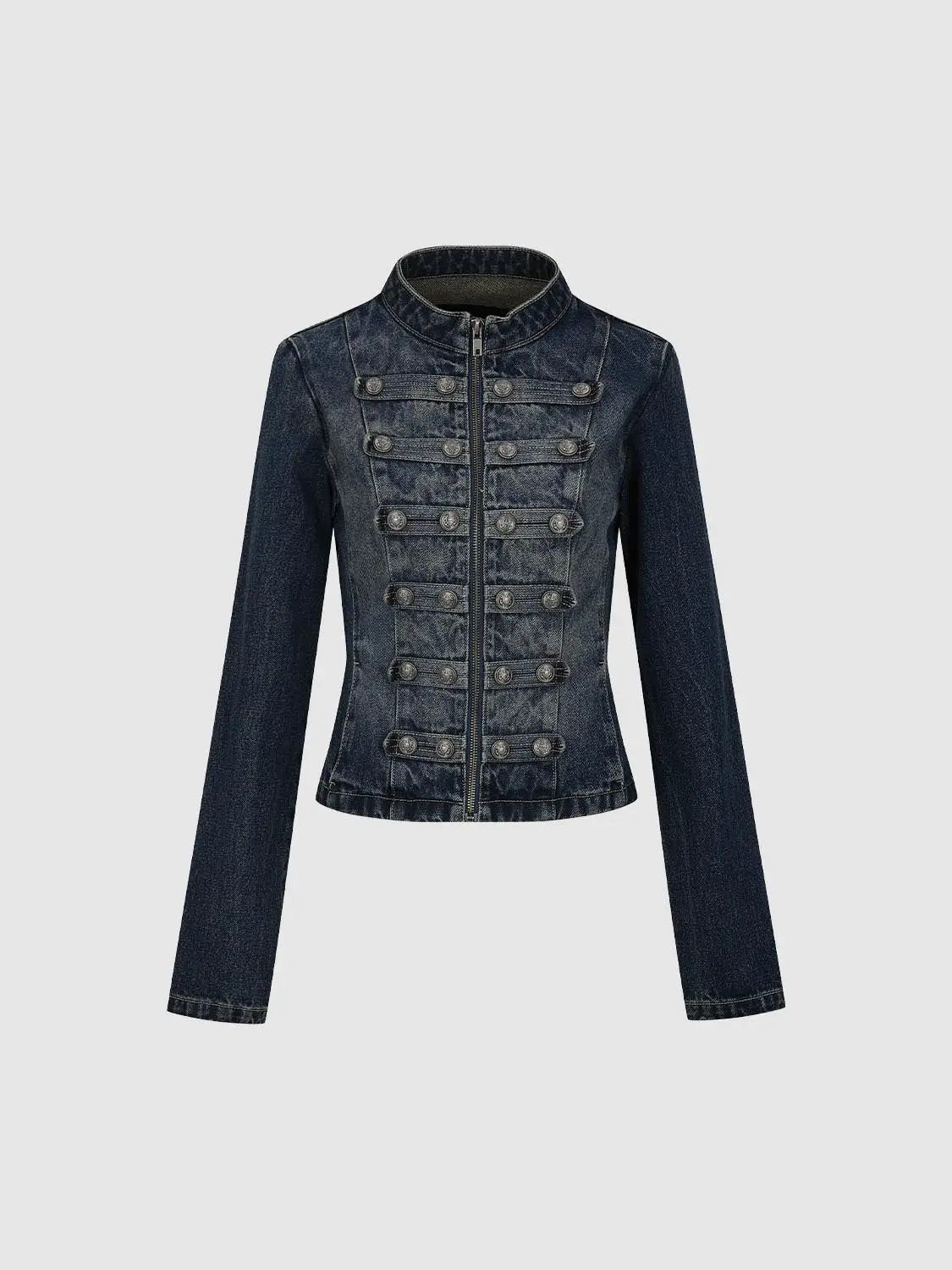 Zip Front Button Detail Long Sleeve Cotton Denim Jacket