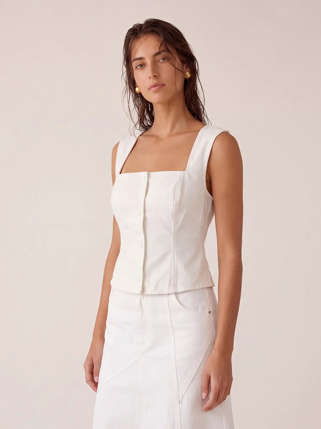 Corset Button Front Sleeveless Cotton Blend Jacket
