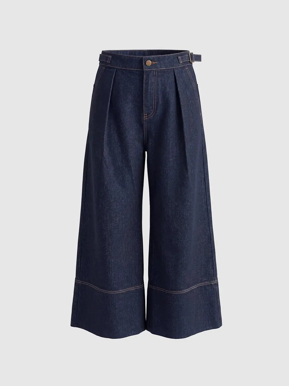 Pleated Cuffed High-waisted Wide-leg Cotton Jeans