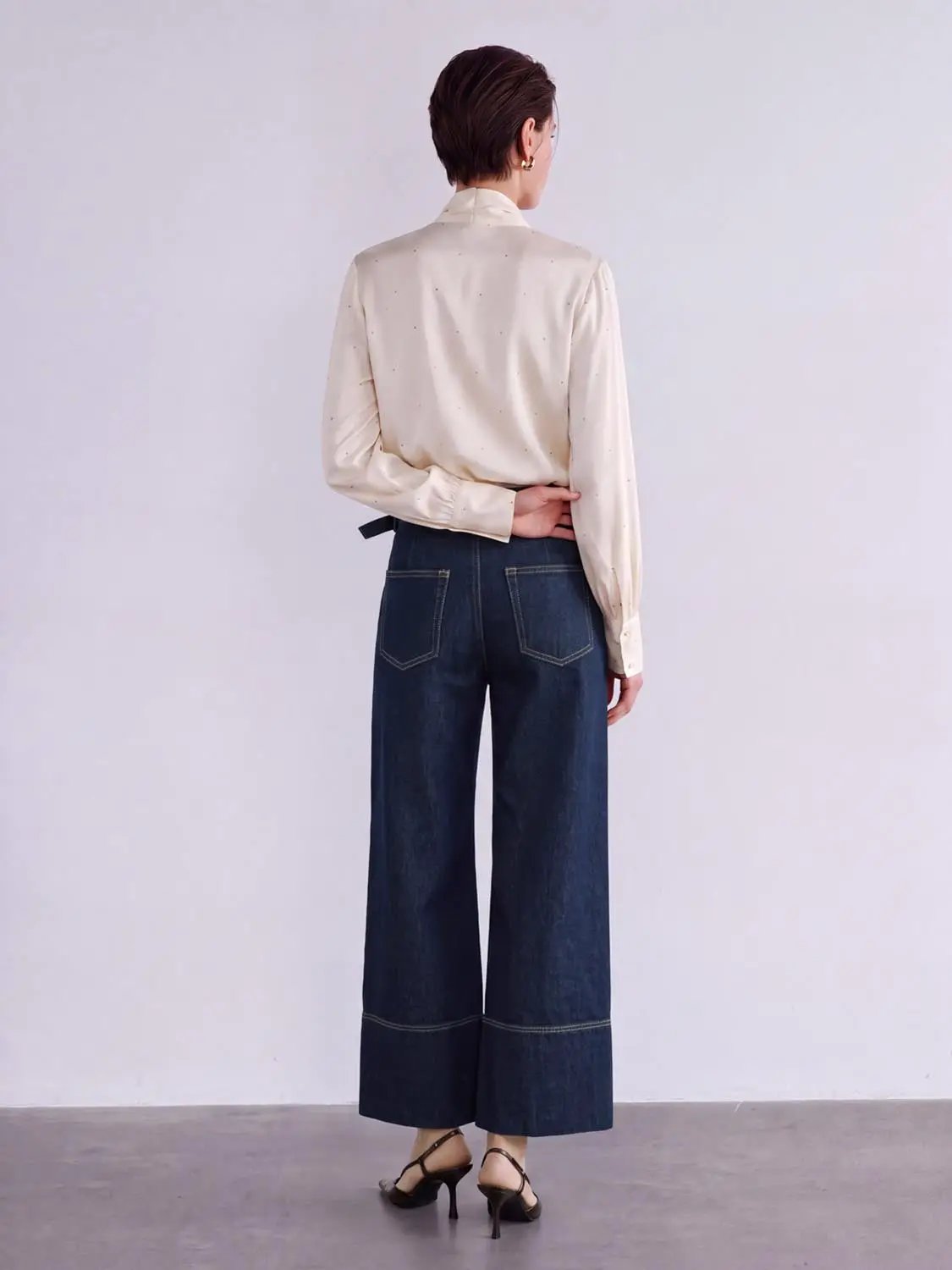 Pleated Cuffed High-waisted Wide-leg Cotton Jeans