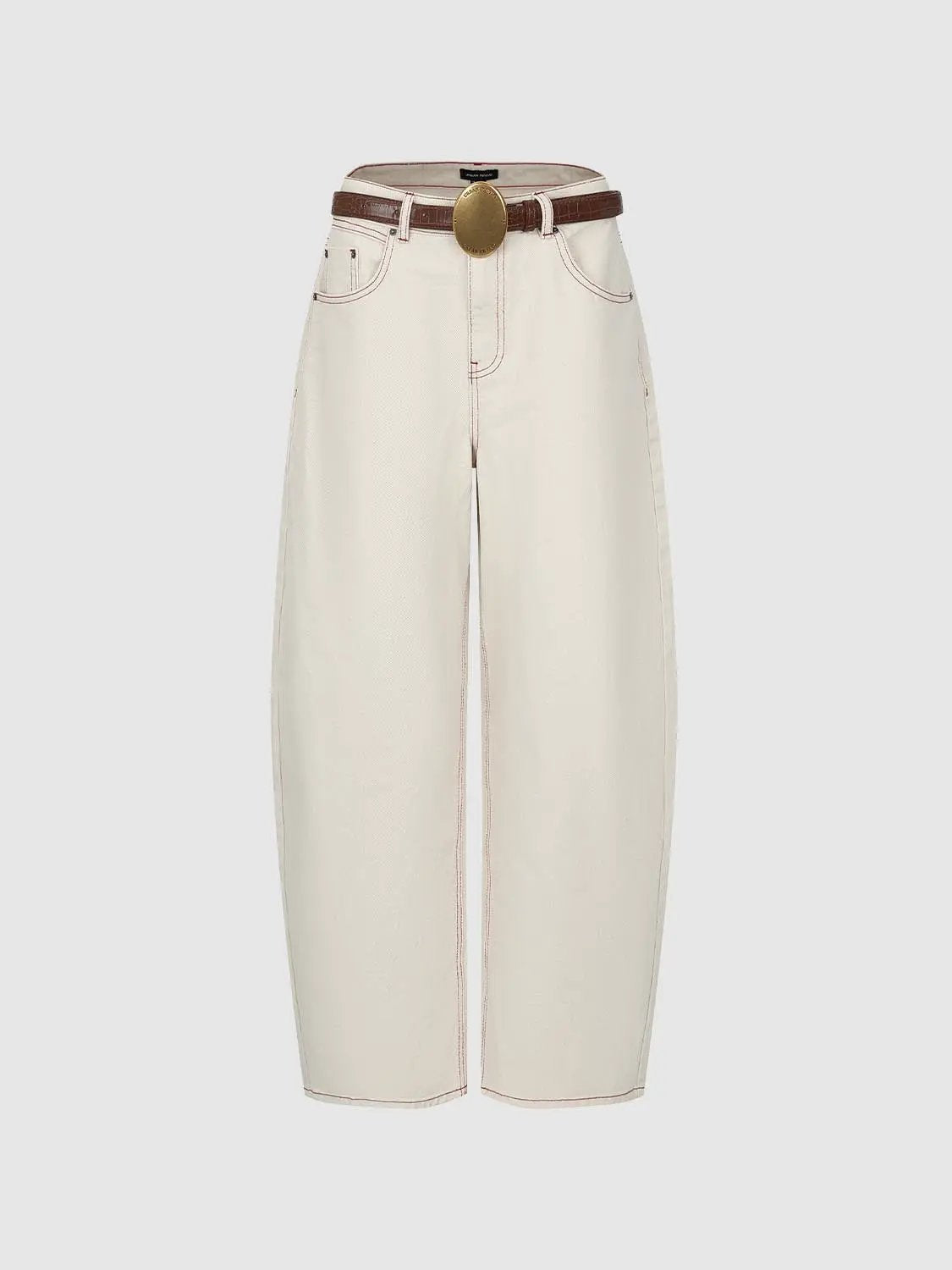 Belted Contrast Stitching Cotton Wide-leg Pants