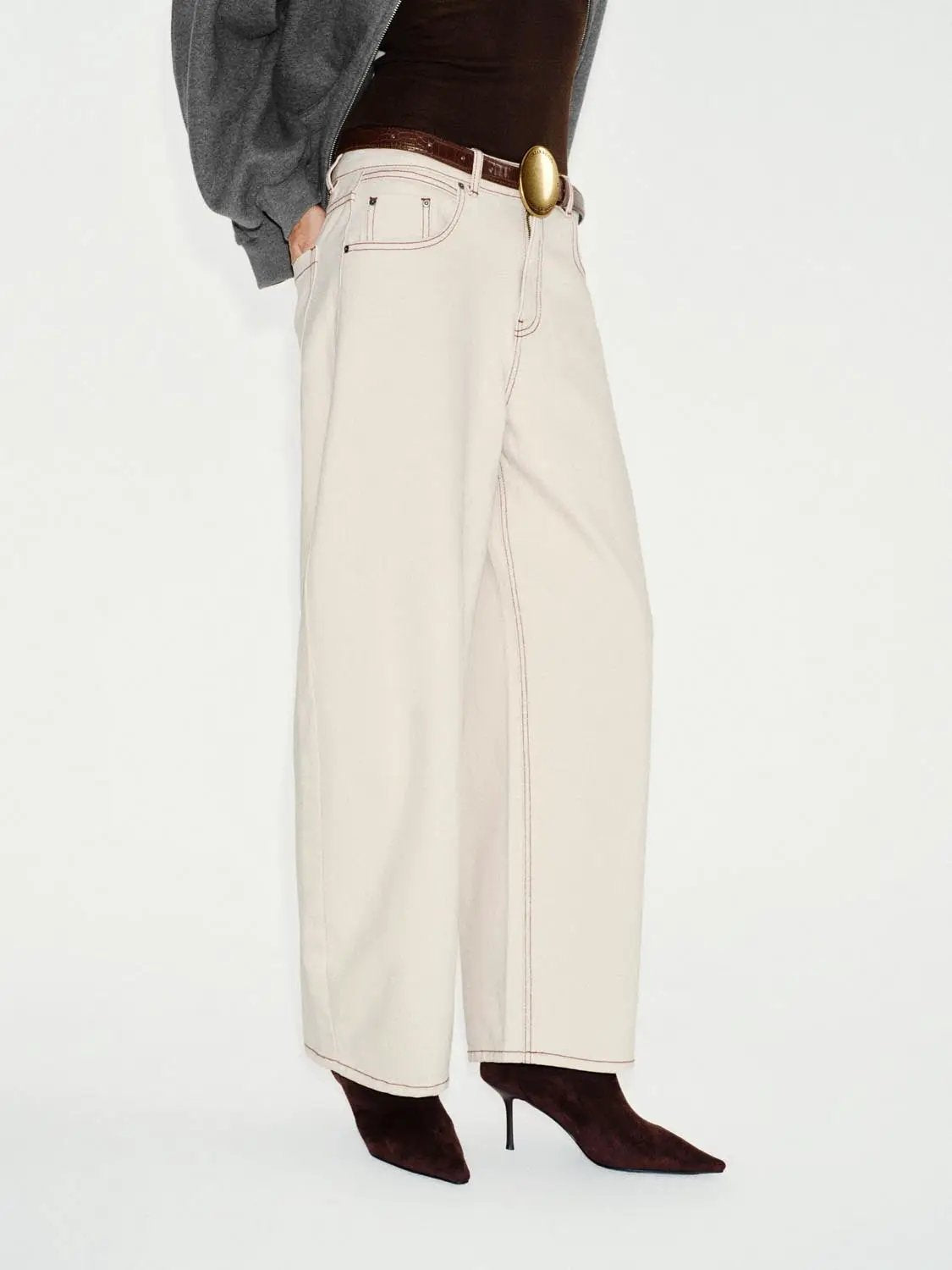 Belted Contrast Stitching Cotton Wide-leg Pants