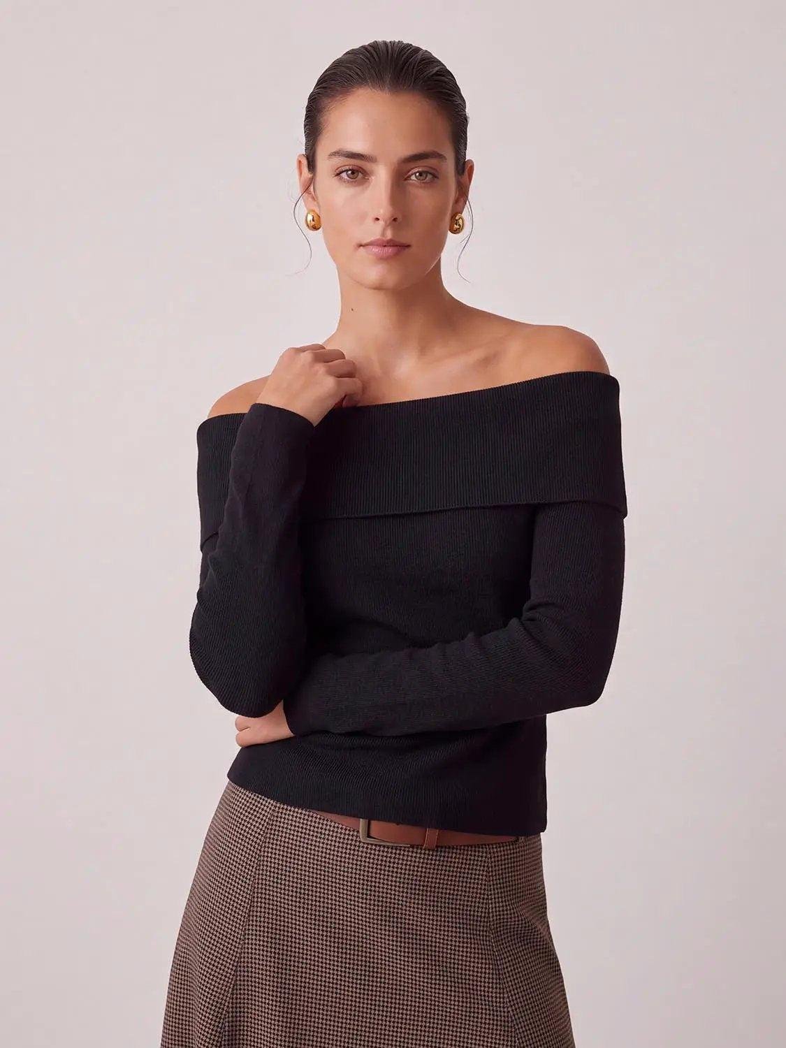 Off Shoulder Long Sleeve Knitted T-Shirts