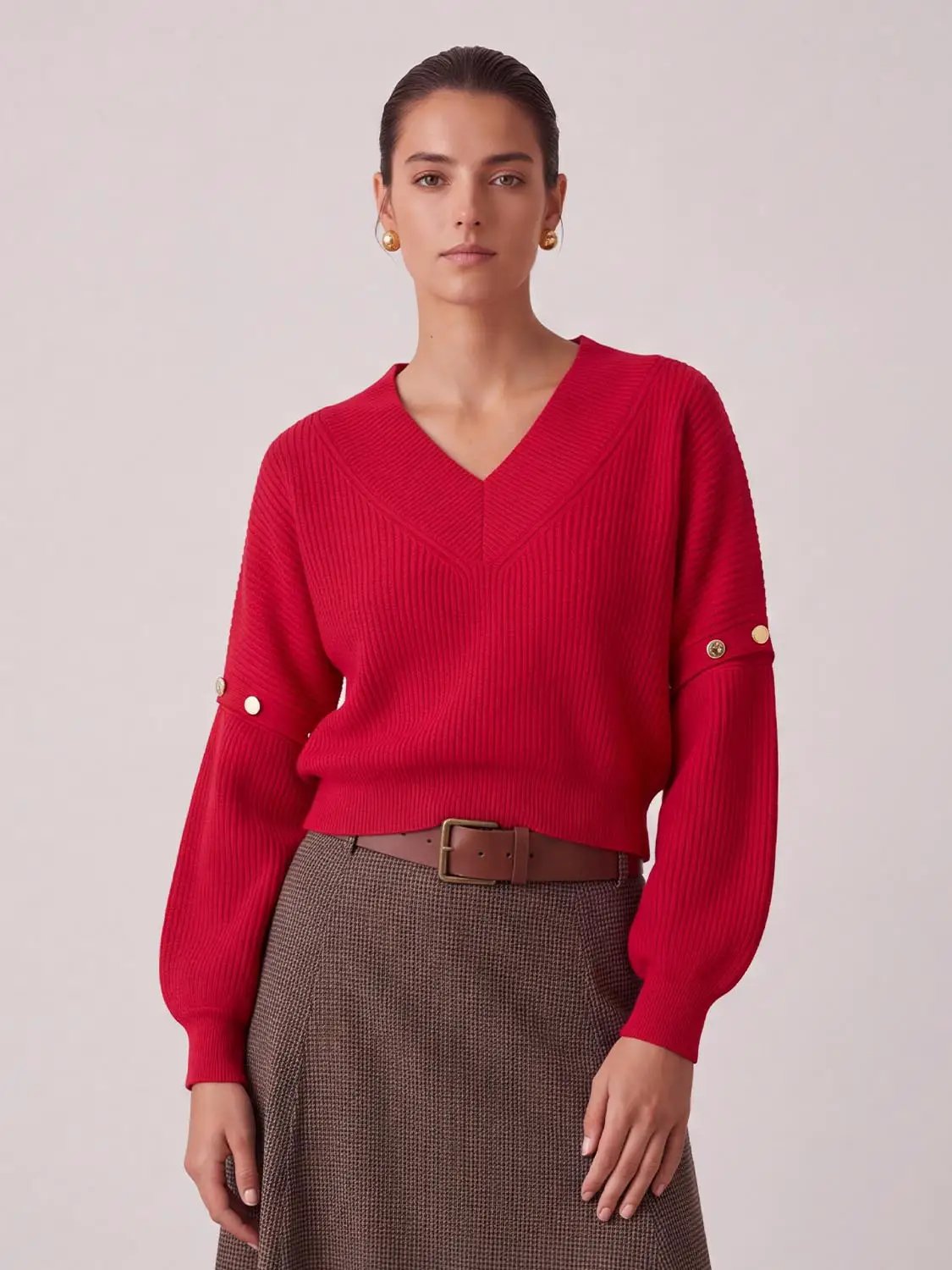 V-Neck Long Sleeve Knitted T-Shirts