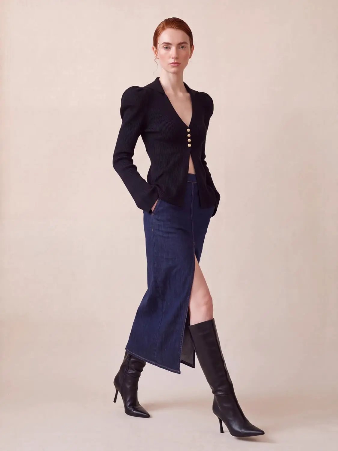Puff Shoulder Tailored Knitted Cardigan