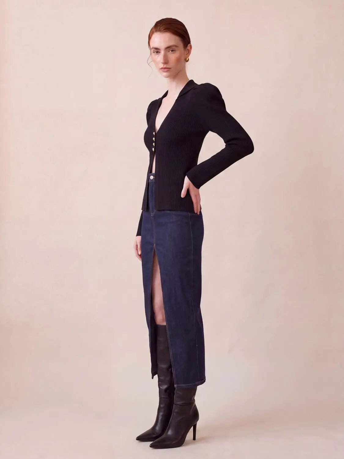 Puff Shoulder Tailored Knitted Cardigan