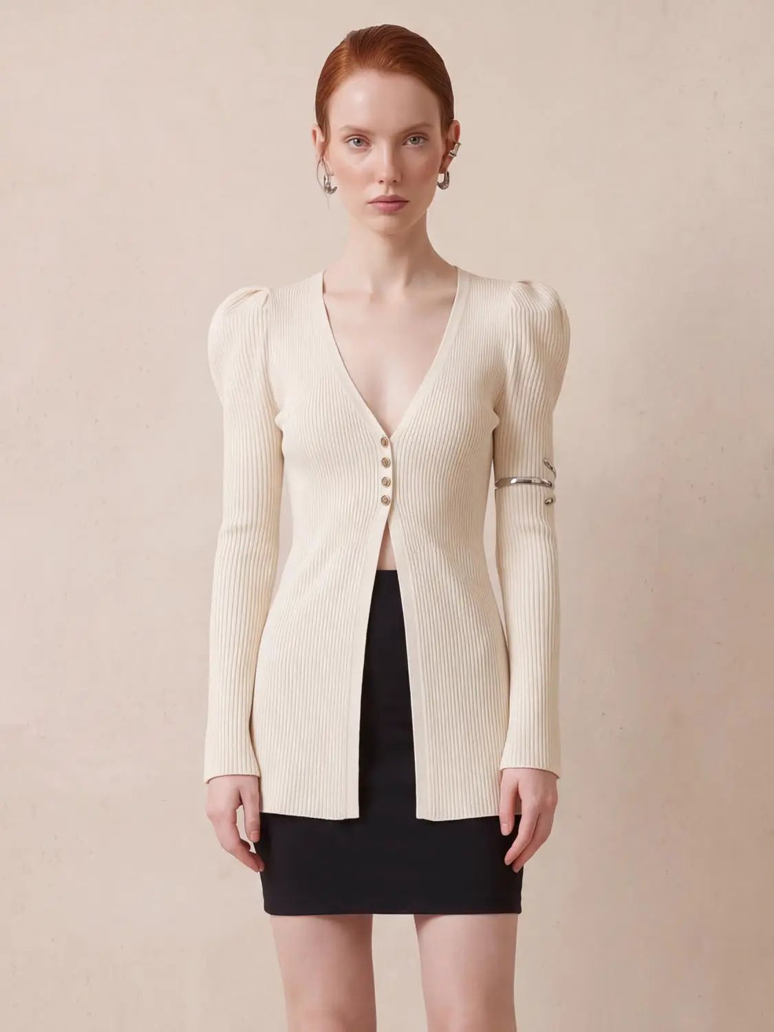 Puff Shoulder Tailored Knitted Cardigan